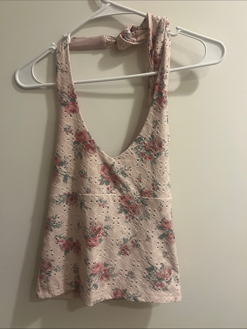 Aeropostale Cream Pink Floral Eyelet Halter Tank